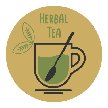 Çay kaşıklı bitki çayı ikonu, sıcak içecek. Bir çay evi, restoran ya da kafe menüsü için logo ya da amblem şeklinde basit doğrusal vektör çizimi.
