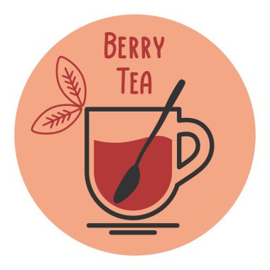 Çay kaşıklı dut çayı ikonu, sıcak içecek. Bir çay evi, restoran ya da kafe menüsü için logo ya da amblem şeklinde basit doğrusal vektör çizimi.