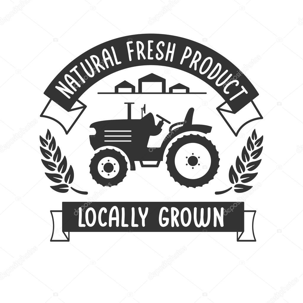 Farmers market emblem in retro style, natural fresh products from the farm. Food store logo. Vector vintage illustration. Farmers tractor silhouette. Locally grown slogan.