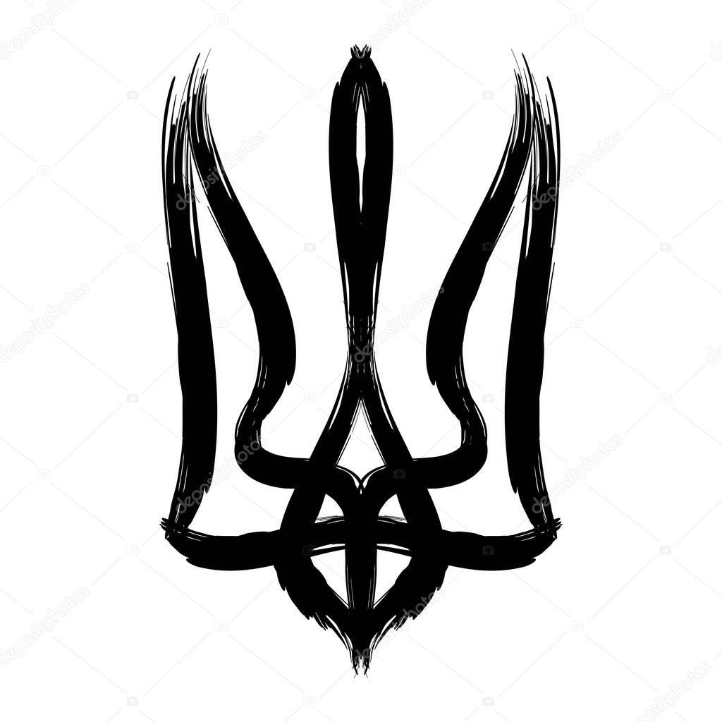 Ukrainian national symbol coat of arms trident stylized. STOP WAR in Ukraine. Vector illustration isolated