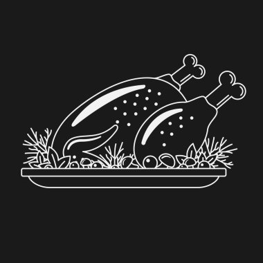 Geleneksel bayram yemeği için tavuk ya da hindi rostosu. Fırınlanmış kuşla servis tabağı. Restoranlar, menüler, ızgara çubukları için düz çizim vektörü çizimi