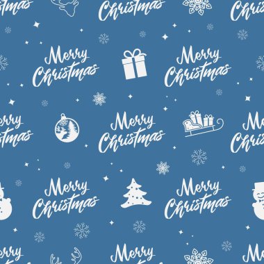 Mutlu noeller, kusursuz desen. Antika ambalaj kâğıdı baskısı dekorasyonu için yeni yıl tasarım unsurları olan yeni yıl tipografisi mevsimi. Vektör illüstrasyonu