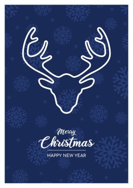 Mutlu noel kartları ve yeni yıl tebrikleri. Arka planda kar taneleri ve geyik resmi olan bir poster. İzole vektör illüstrasyonu