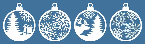 Christmas Tree Decorations Set Silhouette Christmas Toys Balls Snowflakes Deer — Διανυσματικό Αρχείο