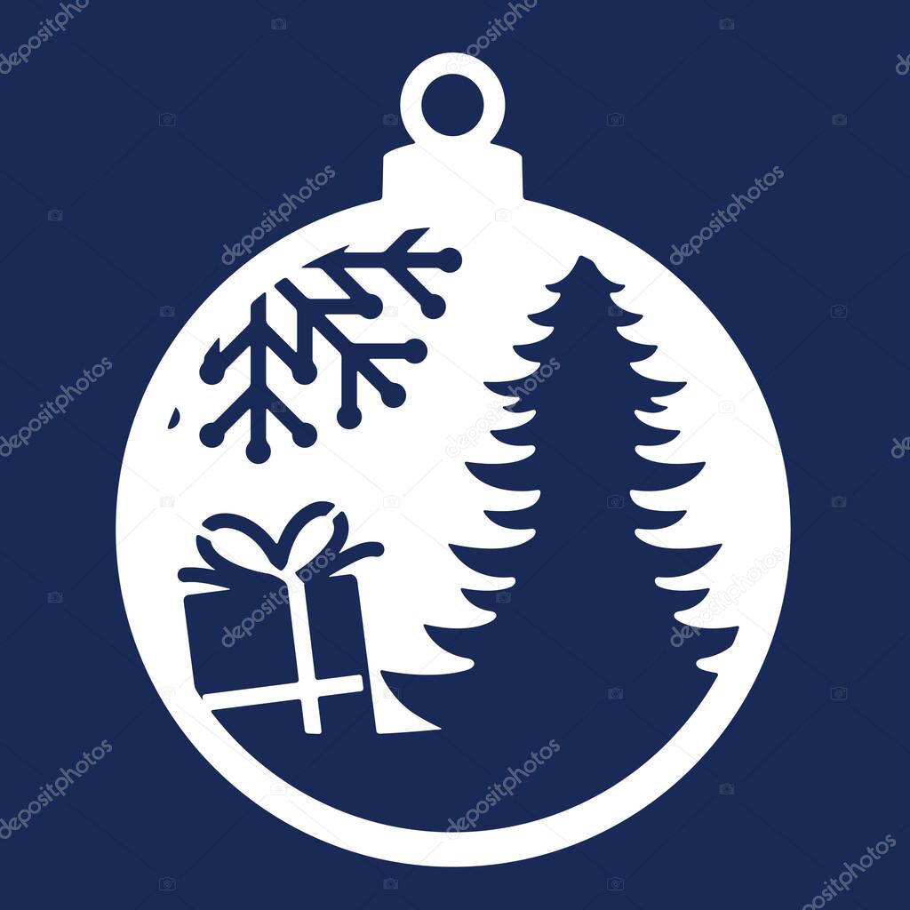 Christmas ball with gift and spruce cut out of paper. Template for Christmas cards. The image is suitable for laser cutting or printing. Festive background, vector illustration