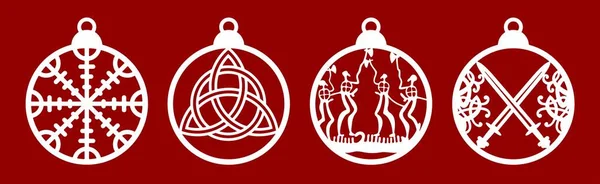 Christmas Balls Set Ancient Viking Magic Symbols Runes Drakkar Hanging — стоковый вектор
