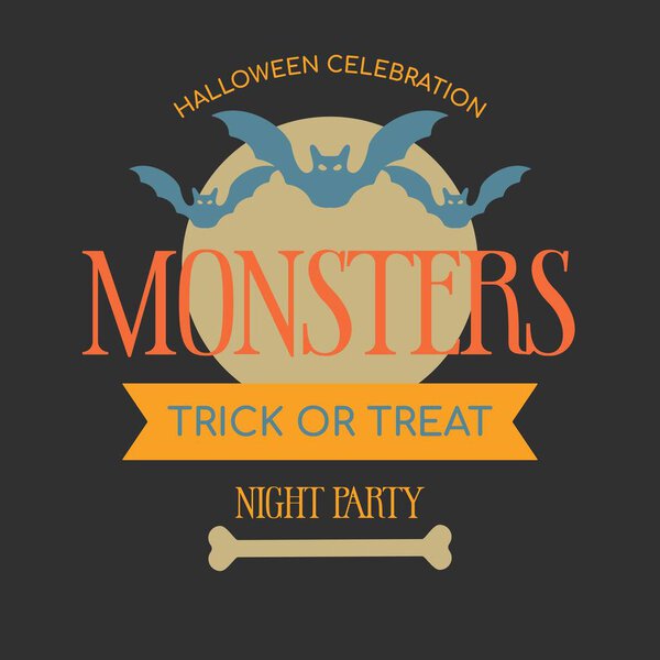 Happy Halloween vintage emblem, label or badge. Vintage Halloween party template with bats and trick or treat lettering. Vector illustration