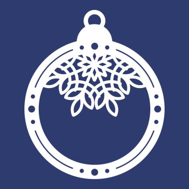 Christmas ball with snowflake, template of laser cutting. Silhouette of openwork spheres with lace ornament. Xmas tree decoration for paper cut out. Vector illustration on blue background