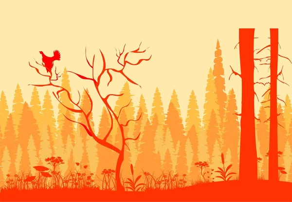 Nebelwald Bäume Und Tiere Silhouetten Vektorillustration — Stockvektor