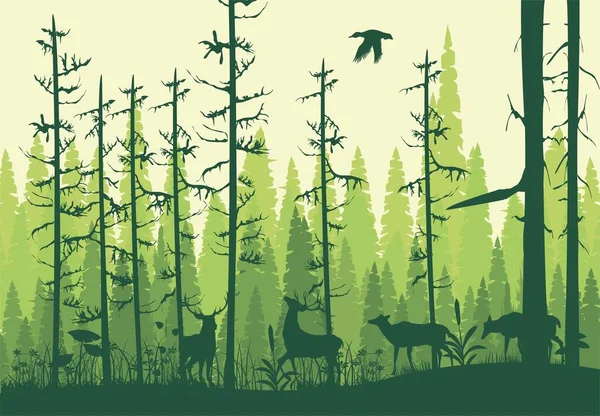 Mist Bos Bomen Dieren Silhouetten Vector Illustratie — Stockvector