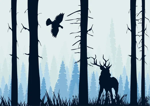 Foggy Forest Träd Och Djur Silhuetter Vektor Illustration — Stock vektor