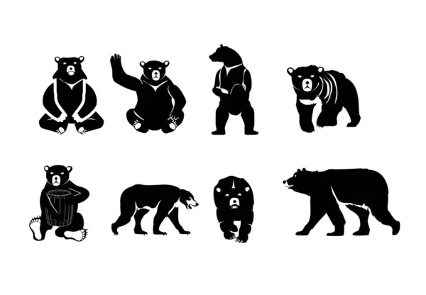 Monochrome Black White Colors Illustration Bear Various Poses Set — Stock Vector