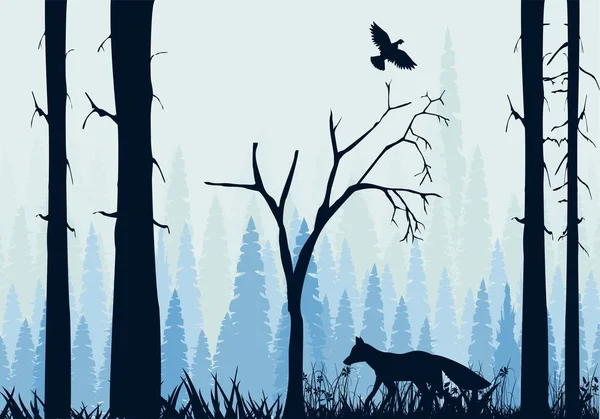 Siluetas Zorro Bosque Árboles Animales Salvajes Siluetas Color Azul Oscuro — Archivo Imágenes Vectoriales