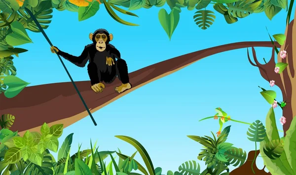 Monos Chimpancés Sosteniendo Tronco Concepto Vector — Vector de stock