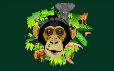  Şempanzenin kafası yeşillik ve vahşi hayvanlarla çerçevelenmiş, konsept resim vahşi yaşam ve çevre korumasını, egzotik amimalleri ve bitkileri gösteriyor.