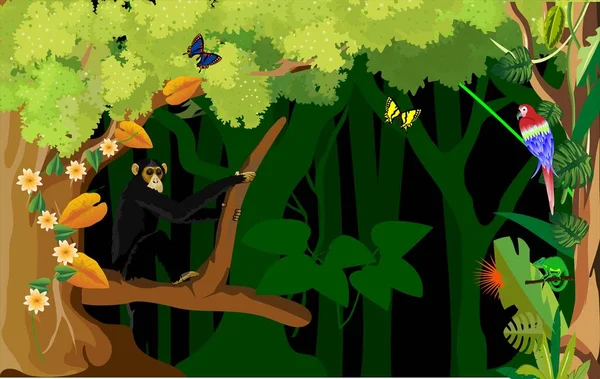 Selva Tropical Escena Chimpancé Blacl Sienta Árbol Amimales Exóticos Plantas — Vector de stock
