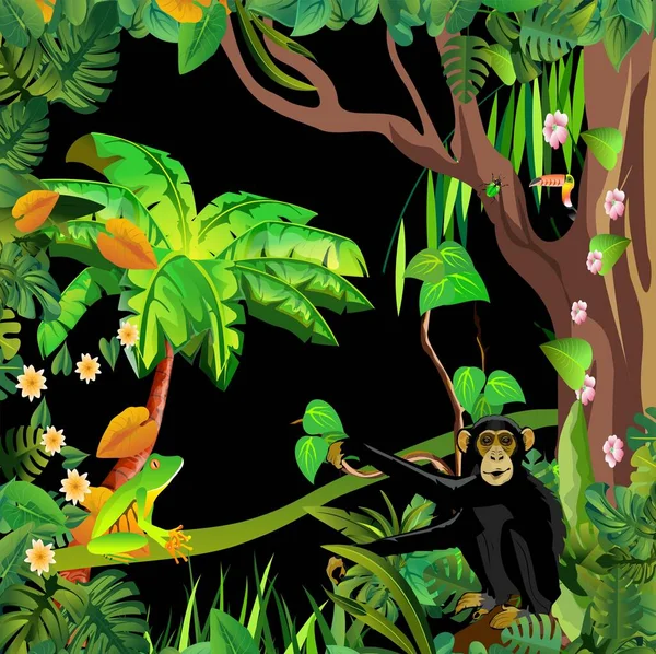 熱帯ジャングルシーン ブラックチンパンジーは木 エキゾチックな動物や植物に座っています — ストックベクタ