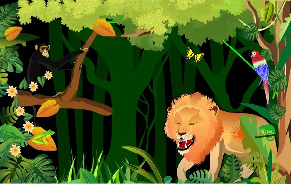 Leão Cena Selva Tropical Ilustração Vetor Selva — Vetor de Stock