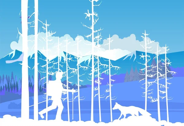 Sylwetki Zimowego Krajobrazu Górskiego Drzew Człowieka Chodzącego Białym Kolorze Wektor — Wektor stockowy