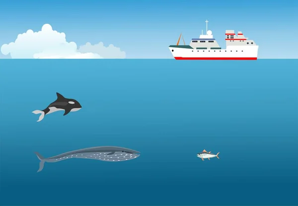 Scientific Ship Ocean Surface Wale Fishes Sea Depth Vector —  Vetores de Stock