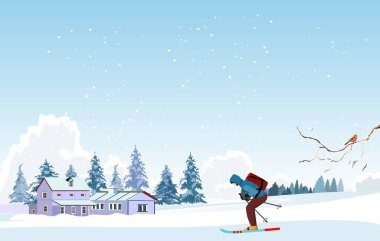 Kış manzarası, karlı tepeler, tepeler ve dağlar arasındaki kır evleri, kış ormanı, bulutlar ve gökyüzü vektörü