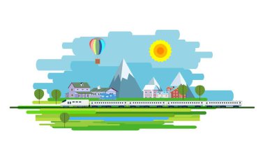 Kırsal araziler, evler, demiryolu ve tren tepe ve ağaçlar, vektör illüstrasyonu