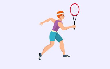 Ellerinde raket olan profesyonel bir tenisçi beyaza yapışmış. Takım sporlarının vektör illüstrasyonu