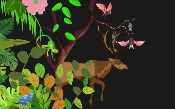 Illustration Vectorielle Bordure Feuillage Jungle Tropicale Avec Cerfs Chauves Souris — Image vectorielle