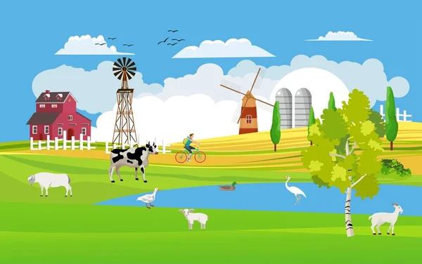 Terres Agricoles Campagne Moulin Sur Colline Étangs Avec Oiseaux Domestiques — Image vectorielle
