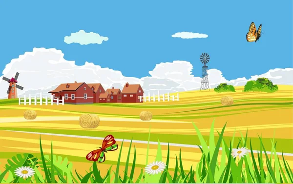 Kırsal tarım arazileri, tepedeki değirmen ve toplanan altın tarlaları, yeşil tepelerdeki kırmızı çiftçilerin evleri, ağaçların kuzuları, vektör illüstrasyonları.