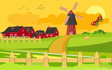 Kırsal tarım arazisi, tepedeki değirmen ve ona giden yol, yeşil tepelerdeki kırmızı çiftçi evleri, ahşap çitler, vektör çizimleri.