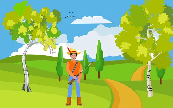 Kırsal Alan Yeşil Tepeler Yolu Silahlı Avcı Şapka Kırmızı Ceket — Stok Vektör