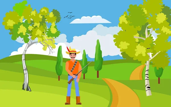 Paysage Rural Route Des Collines Verdoyantes Chasseur Avec Pistolet Chapeau — Image vectorielle