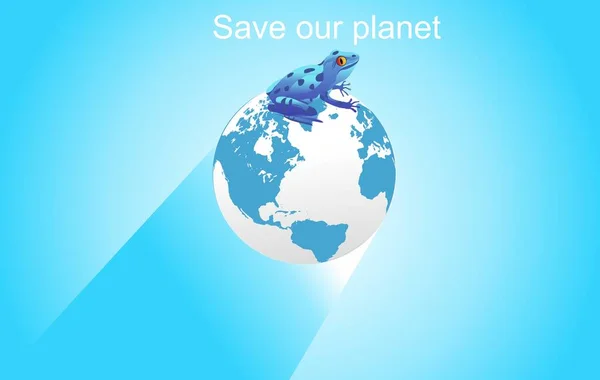 青いカエルは 地球上に座っている 等角ビュー 緑のエネルギーのテーマを保存環境 背景ベクトル — ストックベクタ