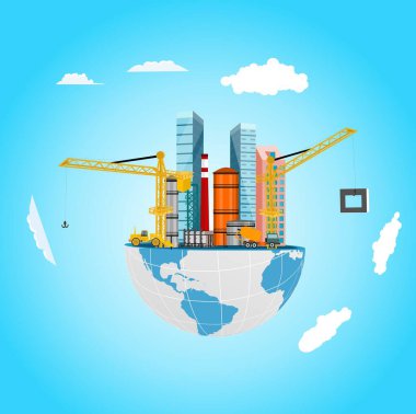 Yerküre küresinin, binaların ve inşaat vincinin yarısı üzerinde konsept mimari vektör var.