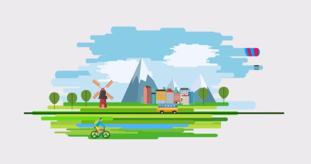 Paysage Campagne 2Danimation Dessin Animé Train Air Ballon — Video