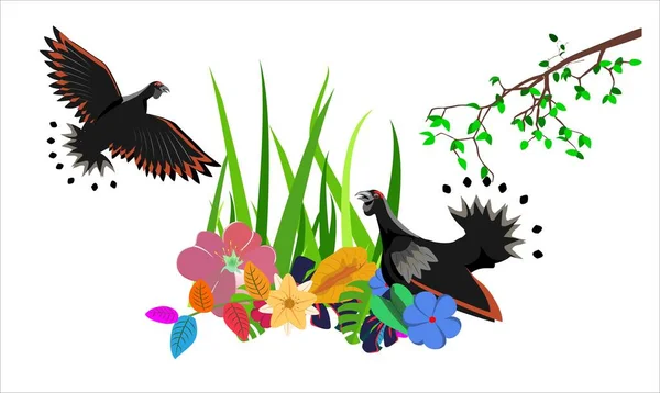 Siyah Kuş Kuşları Orman Bitkileri Vektör Doğanın Beyaz Vektör Üzerindeki — Stok Vektör