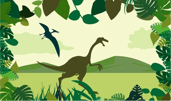 Dinozaury Prehistoryczny Świat Zielone Rośliny Sylwetki Wektor Szablon — Wektor stockowy