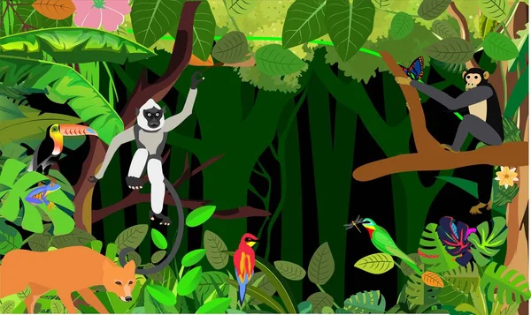 Gabarit Animaux Plantes Jungle Cerfs Babouins Oiseaux Illustration Vectorielle — Image vectorielle