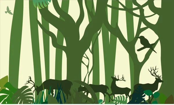 Hirsche Und Wildtiere Grüne Pflanzen Silhouetten Vektorschablone — Stockvektor