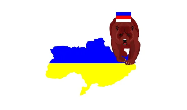 Russia Invasion Ukrain Bear Russian Fkag Map Ukraine Vector — стоковый вектор