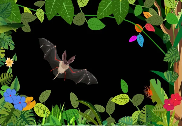 Murciélago Volando Selva Nocturna Plantas Tropicales Animales Marco Vector Fondo — Vector de stock