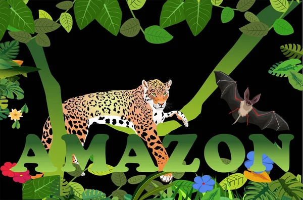 Caminatas Leopardo Monos Sentados Árbol Entre Árbol Planta Tropiacl Vector — Vector de stock