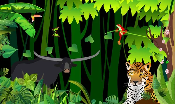 Leopardo Colorido Acostado Búfalo Aves Plantas Selva Ilustración Vector Fondo — Vector de stock