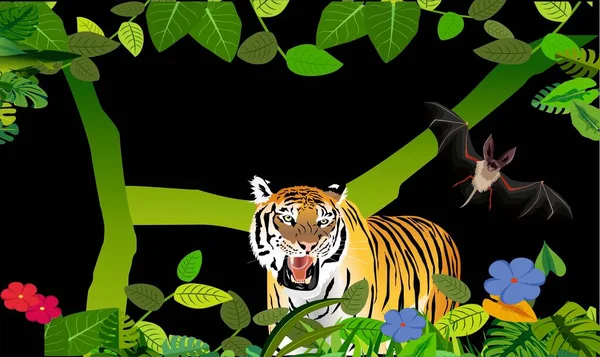 Roaring Tiger Stands Black Jungle Background Vector — Stock Vector