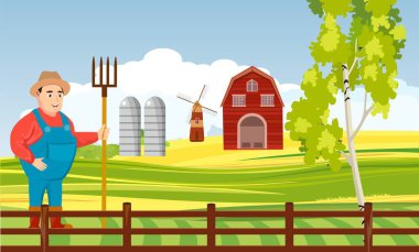 Farmer with pitchfork countryside landscape vector