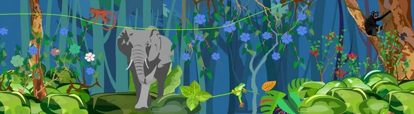 Horizontal Banner Template Jungle Wildlife Scene Elephant Birds — Vector de stock