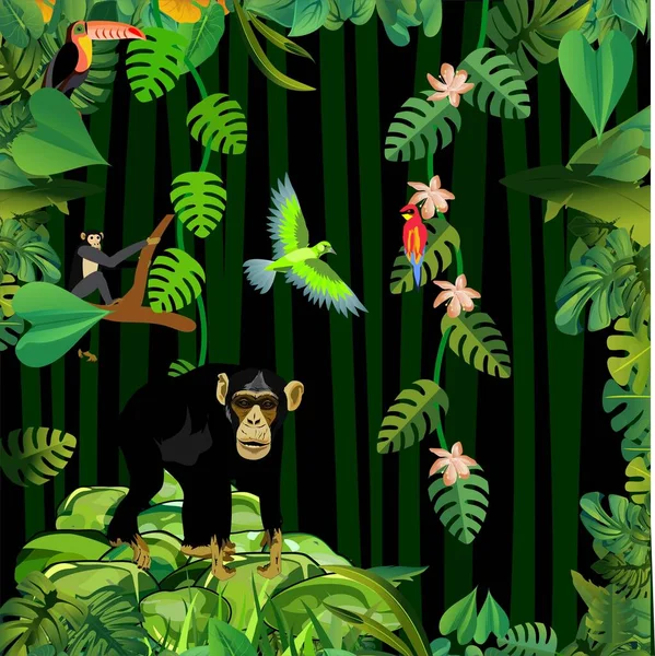 Night Jungle Template Jungle Wildlife Scene Elephant Birds — Image vectorielle
