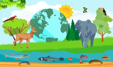 World animals day collage concept elephant globe deer river vector