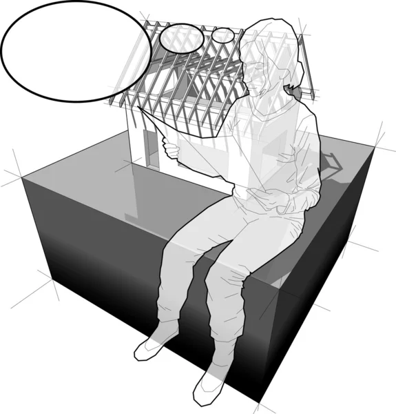 Diagramm von Haus im Bau und Frau mit Gedankenblase — Stockvektor